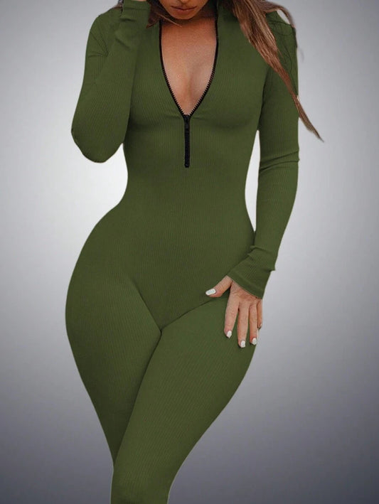 SHEIN EZwear Mono Delgado De Media Cremallera De Color Sólido Para Mujer