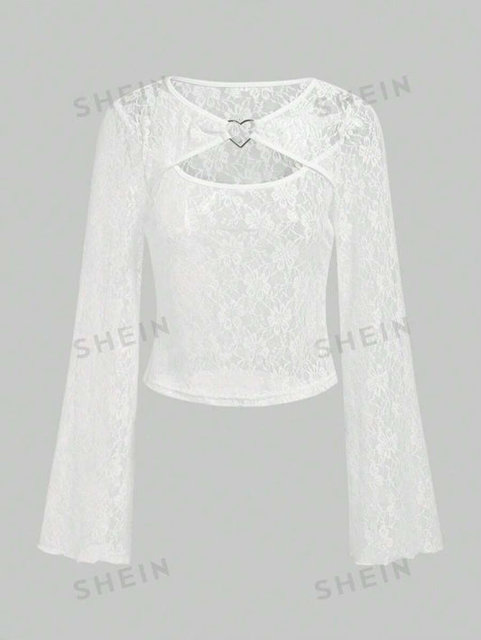 Sweetness Blusa De Manga Larga Con Encaje, Tela Transparente, Decoración De Hebilla De Amor, Transparente, Sexy Y Vintage Para Mujer