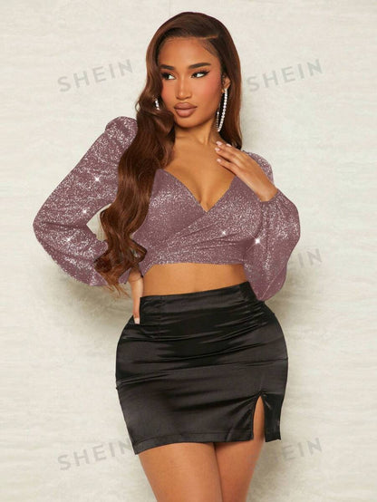 SHEIN SXY Blusa Cruzada Anudada En La Parte Delantera Con Purpurina Y Acortada En La Espalda