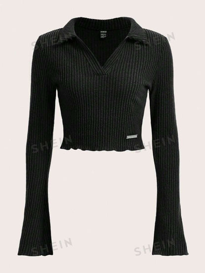 SHEIN EZwear Camiseta De Punto Acanalado De Un Solo Color