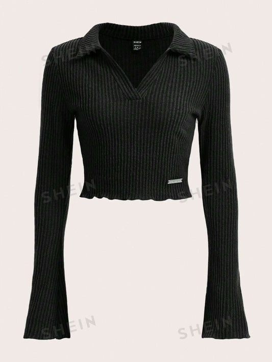 SHEIN EZwear Camiseta De Punto Acanalado De Un Solo Color