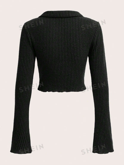 SHEIN EZwear Camiseta De Punto Acanalado De Un Solo Color