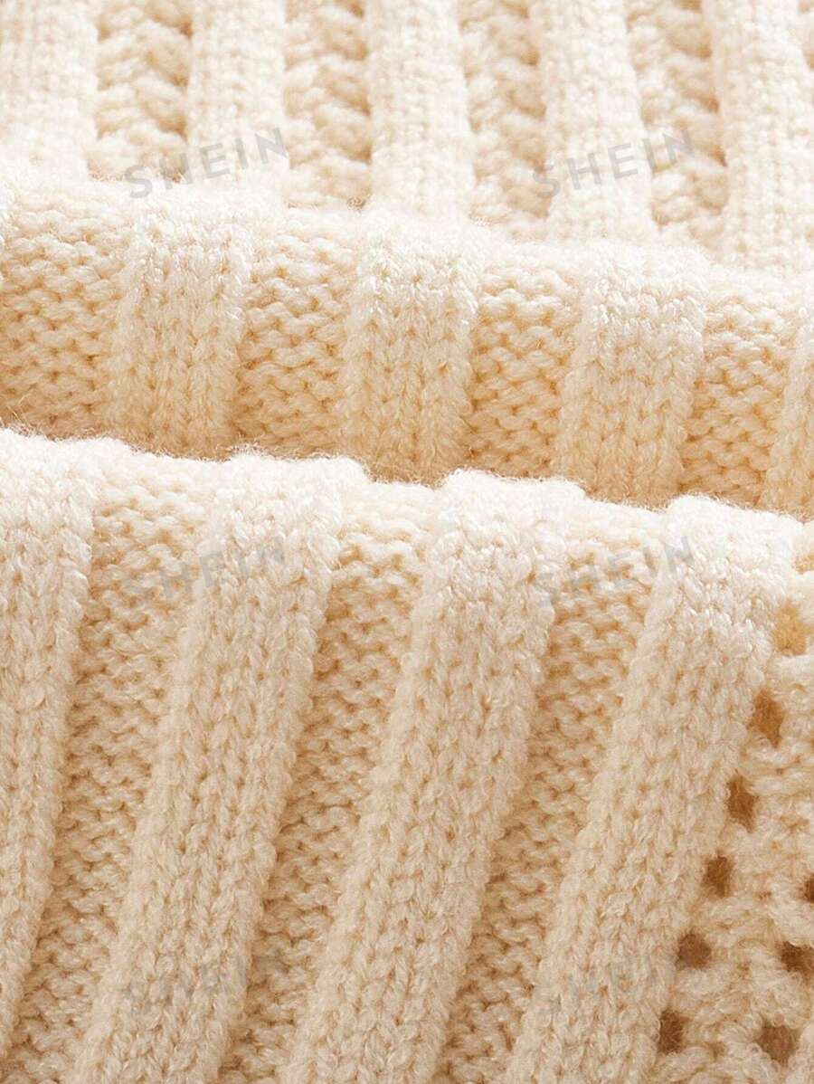 ROMWE Kawaii Sensual suéter crema-blanco de cuello alto con hombros descubiertos y ajustado al Body con cuello vuelto y lazo para mujer