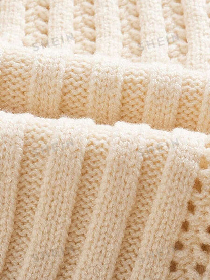ROMWE Kawaii Sensual suéter crema-blanco de cuello alto con hombros descubiertos y ajustado al Body con cuello vuelto y lazo para mujer