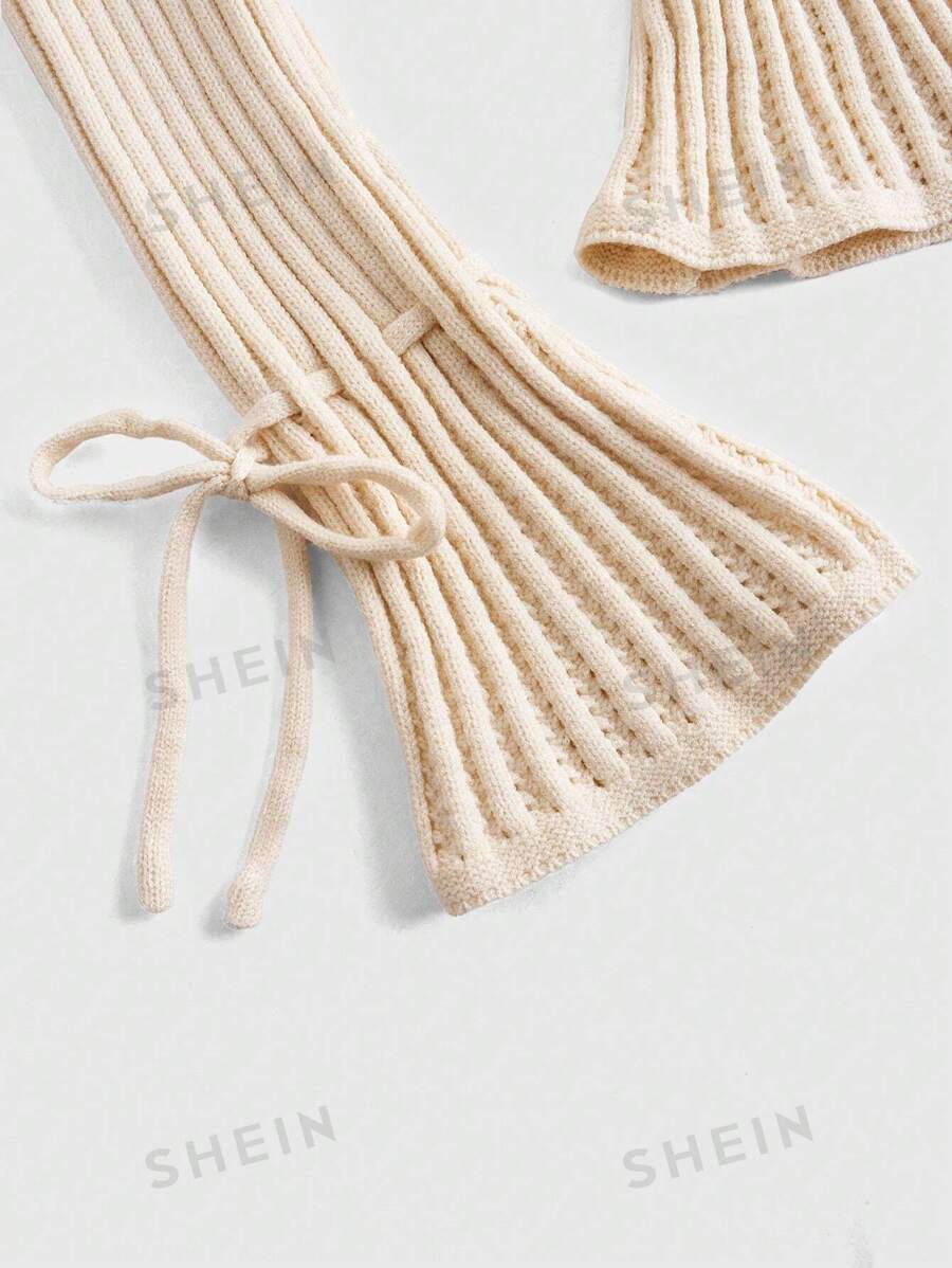 ROMWE Kawaii Sensual suéter crema-blanco de cuello alto con hombros descubiertos y ajustado al Body con cuello vuelto y lazo para mujer