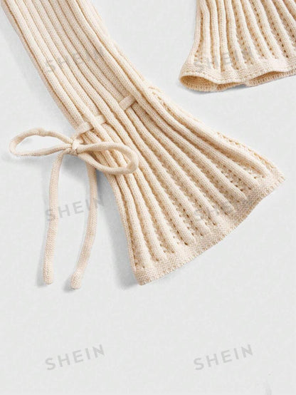 ROMWE Kawaii Sensual suéter crema-blanco de cuello alto con hombros descubiertos y ajustado al Body con cuello vuelto y lazo para mujer