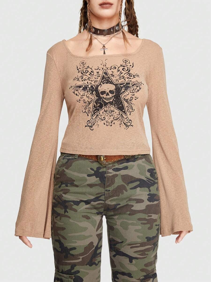 ROMWE Grunge Punk Camiseta de cráneo & con estampado de estrella de manga amplia Mujer