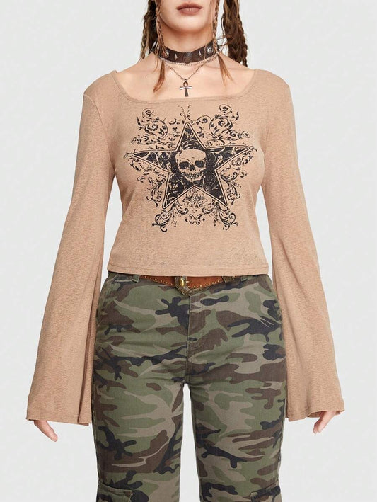 ROMWE Grunge Punk Camiseta de cráneo & con estampado de estrella de manga amplia Mujer