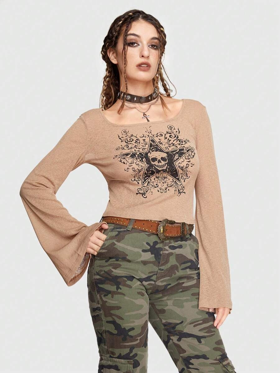 ROMWE Grunge Punk Camiseta de cráneo & con estampado de estrella de manga amplia Mujer