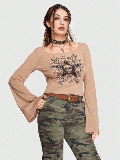 ROMWE Grunge Punk Camiseta de cráneo & con estampado de estrella de manga amplia Mujer