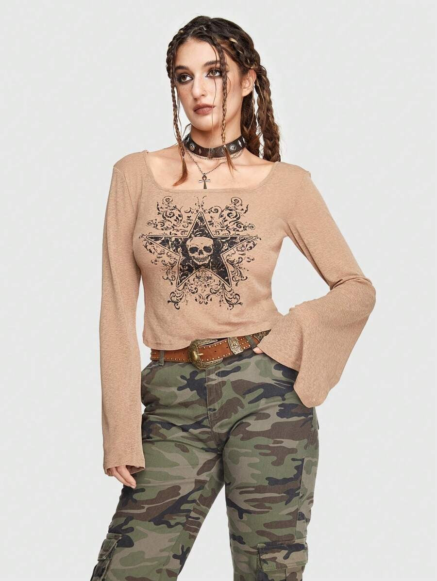 ROMWE Grunge Punk Camiseta de cráneo & con estampado de estrella de manga amplia Mujer