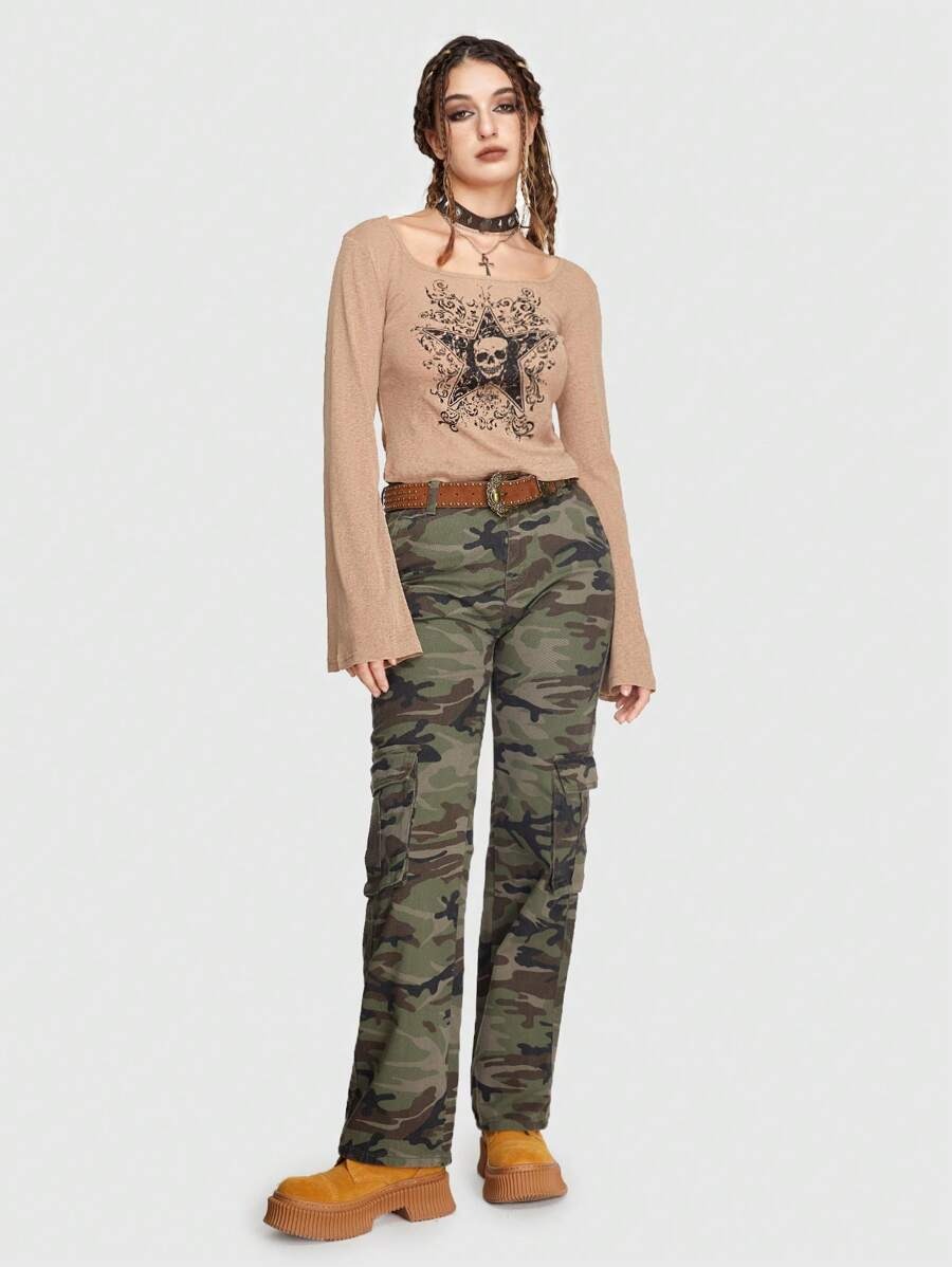 ROMWE Grunge Punk Camiseta de cráneo & con estampado de estrella de manga amplia Mujer