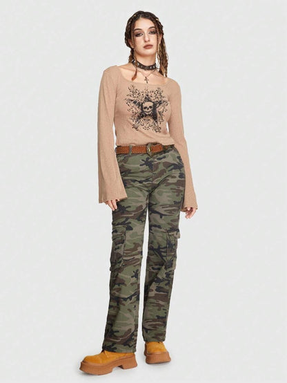 ROMWE Grunge Punk Camiseta de cráneo & con estampado de estrella de manga amplia Mujer