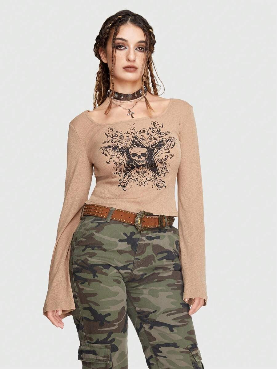ROMWE Grunge Punk Camiseta de cráneo & con estampado de estrella de manga amplia Mujer