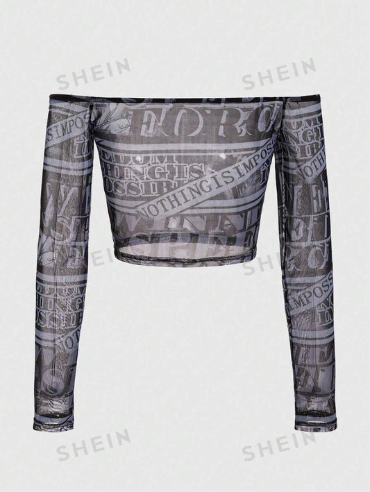 ROMWE Street Life Top Transparente Con Hombros Descubiertos Y Letras Impresas Para Mujer