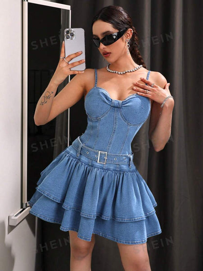 SHEIN ICON Vestido De Mujer De Tirantes Con Doble Falda De Volantes En Denim Y Sin Mangas