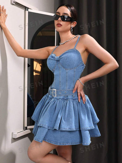SHEIN ICON Vestido De Mujer De Tirantes Con Doble Falda De Volantes En Denim Y Sin Mangas