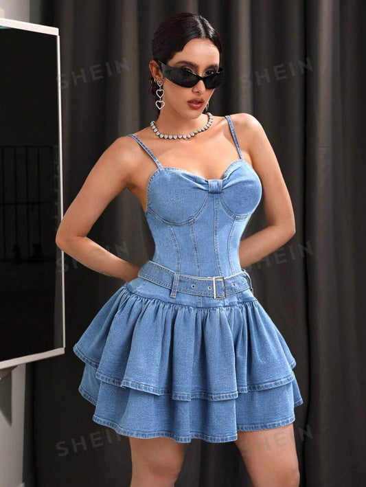 SHEIN ICON Vestido De Mujer De Tirantes Con Doble Falda De Volantes En Denim Y Sin Mangas