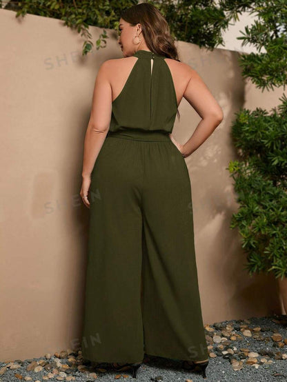 SHEIN Clasi Mono De Talla Grande Con Bolsillos, Rayas Laterales, Cinturón De Cintura Y Cuello Halter