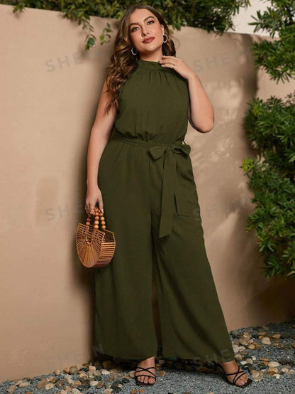 SHEIN Clasi Mono De Talla Grande Con Bolsillos, Rayas Laterales, Cinturón De Cintura Y Cuello Halter