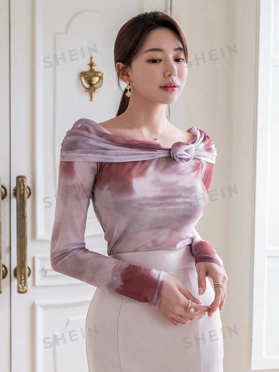 DAZY Top De Malla De Hombro Para Mujeres Con Tie-dye Y Decoración De Flores 3d