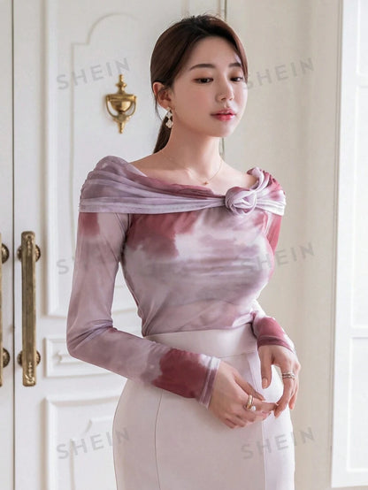 DAZY Top De Malla De Hombro Para Mujeres Con Tie-dye Y Decoración De Flores 3d