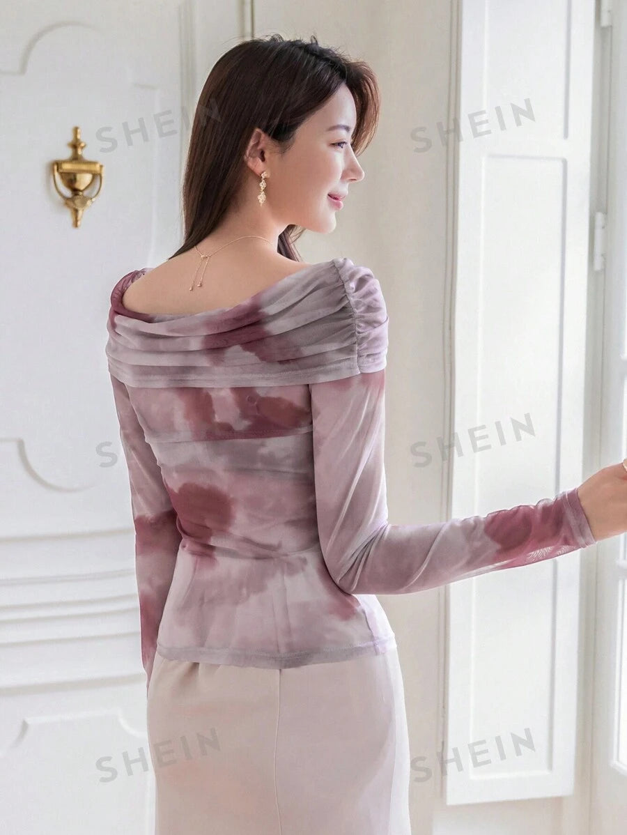 DAZY Top De Malla De Hombro Para Mujeres Con Tie-dye Y Decoración De Flores 3d