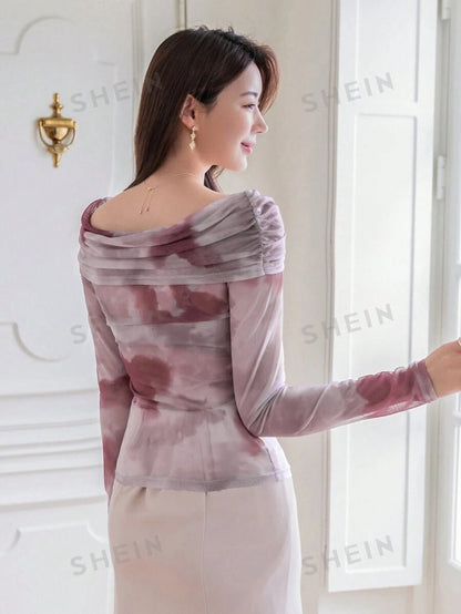 DAZY Top De Malla De Hombro Para Mujeres Con Tie-dye Y Decoración De Flores 3d