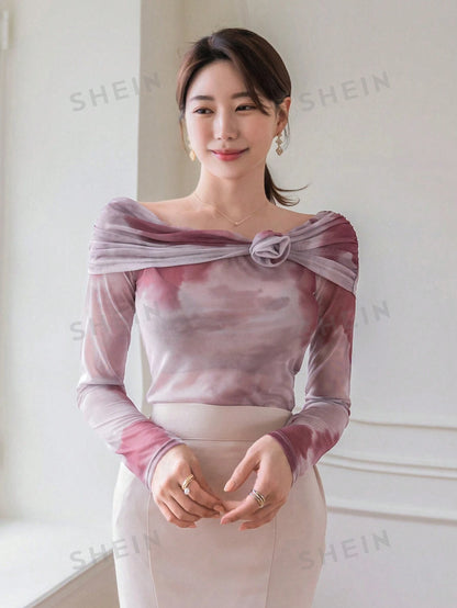 DAZY Top De Malla De Hombro Para Mujeres Con Tie-dye Y Decoración De Flores 3d