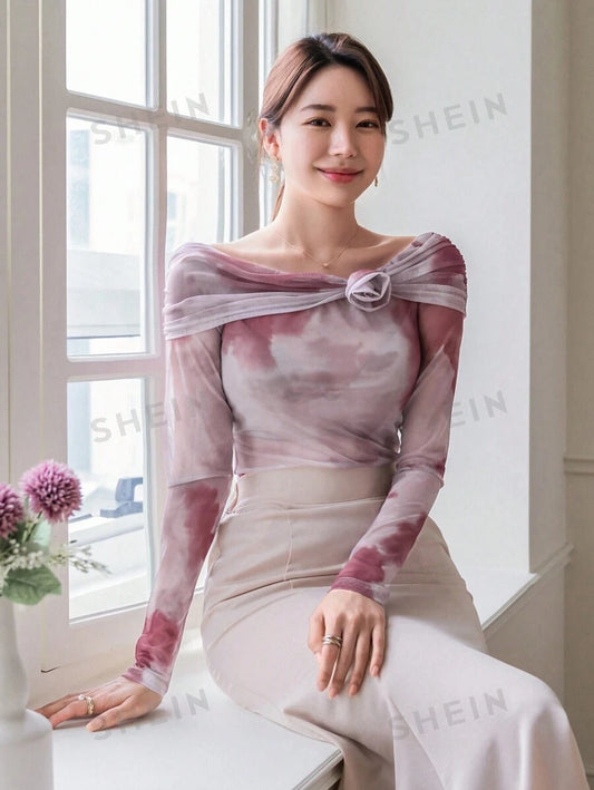 DAZY Top De Malla De Hombro Para Mujeres Con Tie-dye Y Decoración De Flores 3d