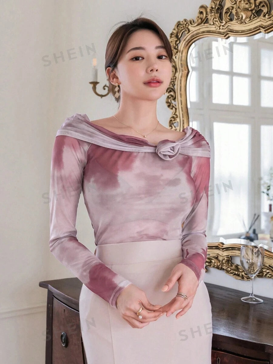 DAZY Top De Malla De Hombro Para Mujeres Con Tie-dye Y Decoración De Flores 3d