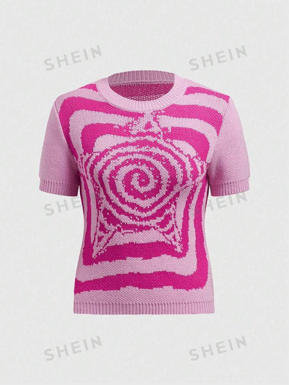 ROMWE Jersey Con Estampado De Espiral Y Bloques De Color Para Mujer Con Diseño De Estrella De Cinco Puntas