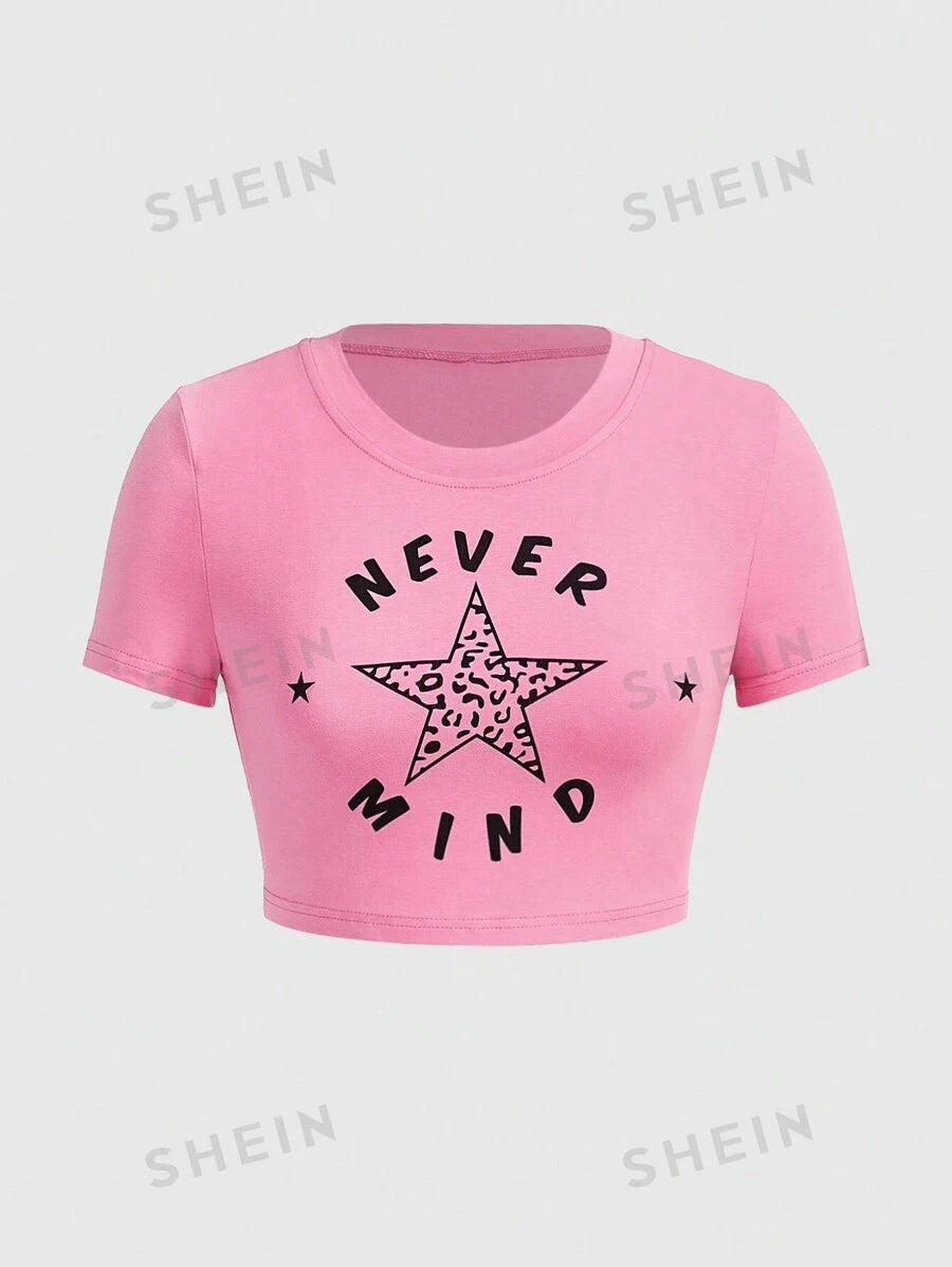 ROMWE Kawaii Camiseta Corta Estampada Con Estrellas Y Letras