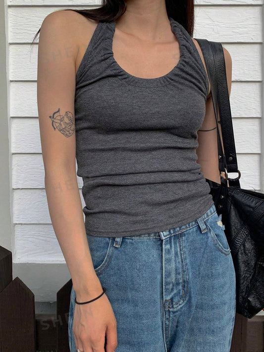 DAZY Top De Cuello Halter Acanalado Para Mujer