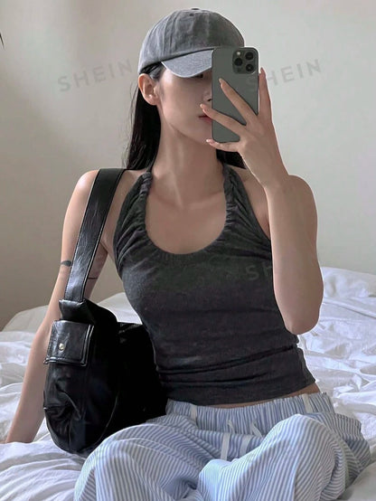 DAZY Top De Cuello Halter Acanalado Para Mujer