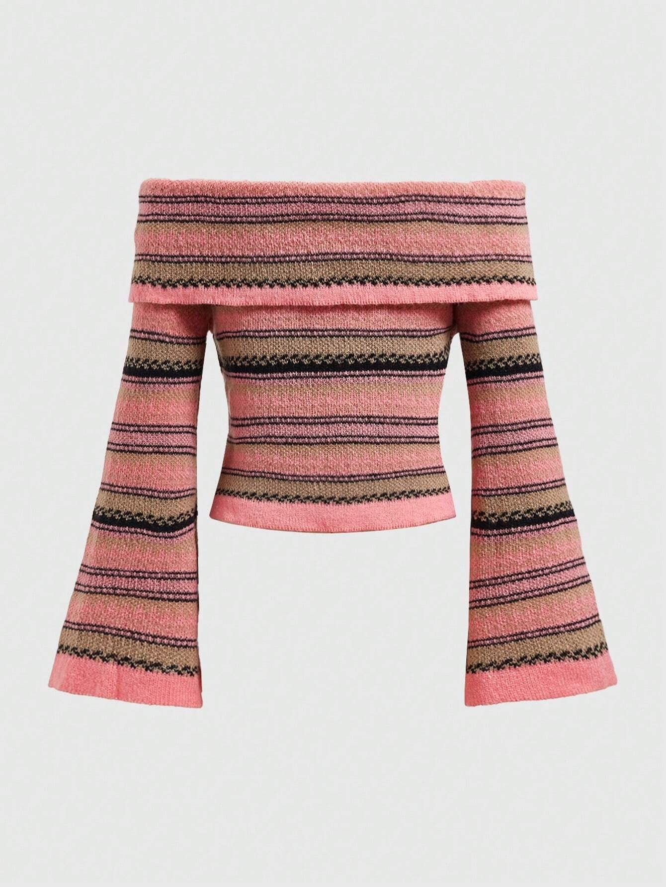 ROMWE Kawaii Sweater Rosa De Rayas Para Mujer Con Hombros Descubiertos