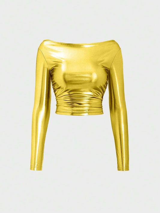 SHEIN ICON Camiseta De Manga Larga Con Pliegues Y Ajuste Delgado De Aspecto Metálico Mujer