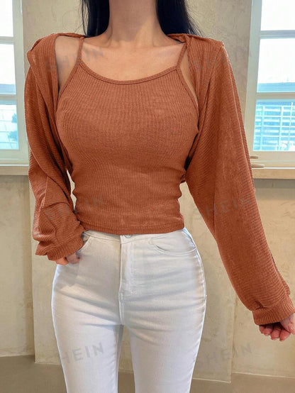 DAZY Conjunto De 2 Piezas Top De tank De Cami Acanalado Sólido Con Chaqueta Corta De Punto Con Frente Abierto Para Mujeres