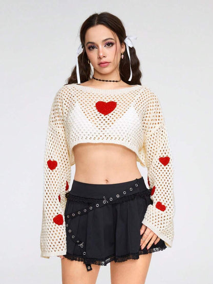 ROMWE Kawaii Suéter Corto Ultra Bordado Con Patrón De Corazón De Amor Mujer