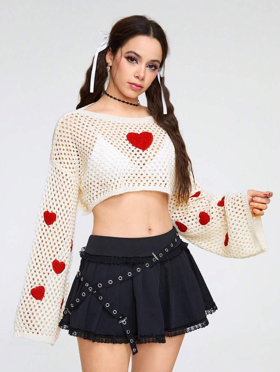 ROMWE Kawaii Suéter Corto Ultra Bordado Con Patrón De Corazón De Amor Mujer