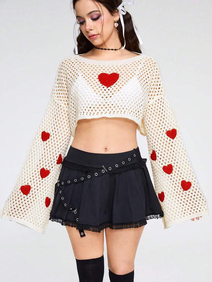 ROMWE Kawaii Suéter Corto Ultra Bordado Con Patrón De Corazón De Amor Mujer