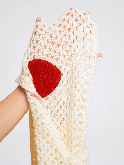 ROMWE Kawaii Suéter Corto Ultra Bordado Con Patrón De Corazón De Amor Mujer