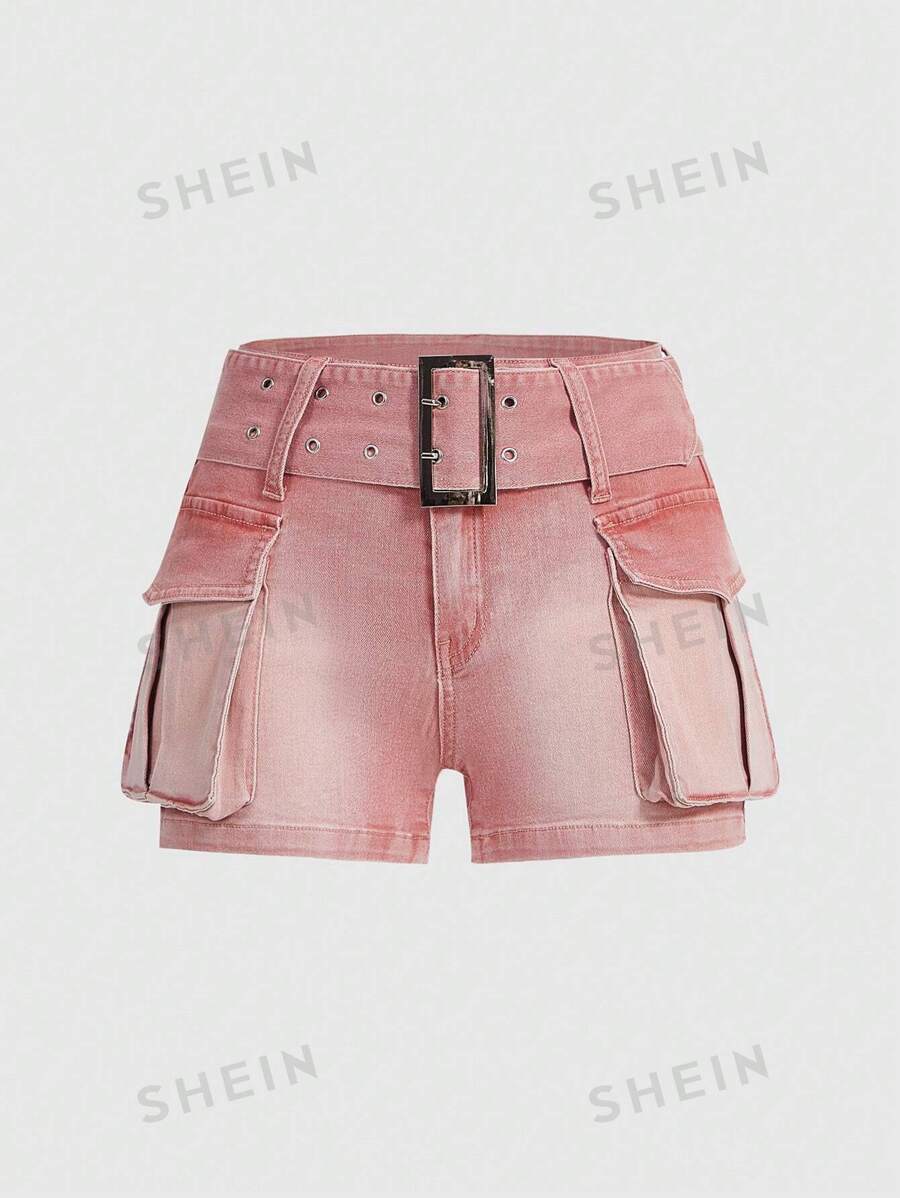 ROMWE Grunge Punk Minishorts de mezclilla rosa de estilo americano lavados con agua y desgastados con bolsillos para mujeres vintage