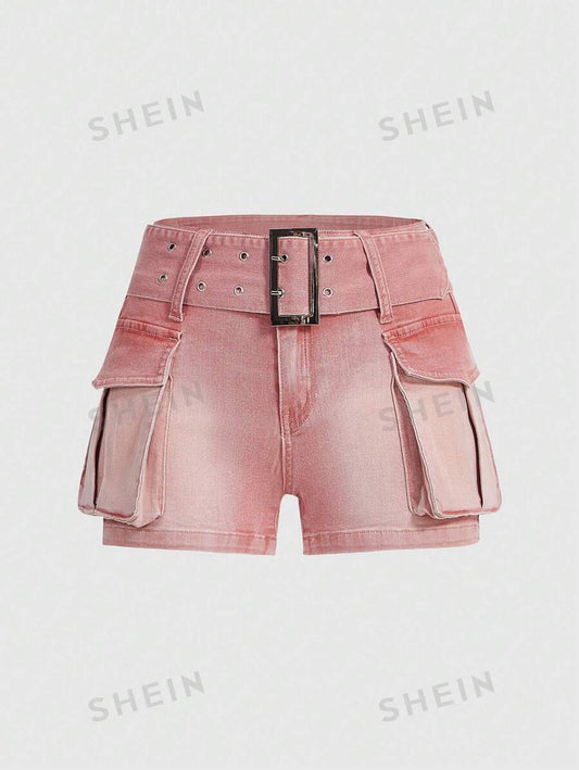 ROMWE Grunge Punk Minishorts de mezclilla rosa de estilo americano lavados con agua y desgastados con bolsillos para mujeres vintage