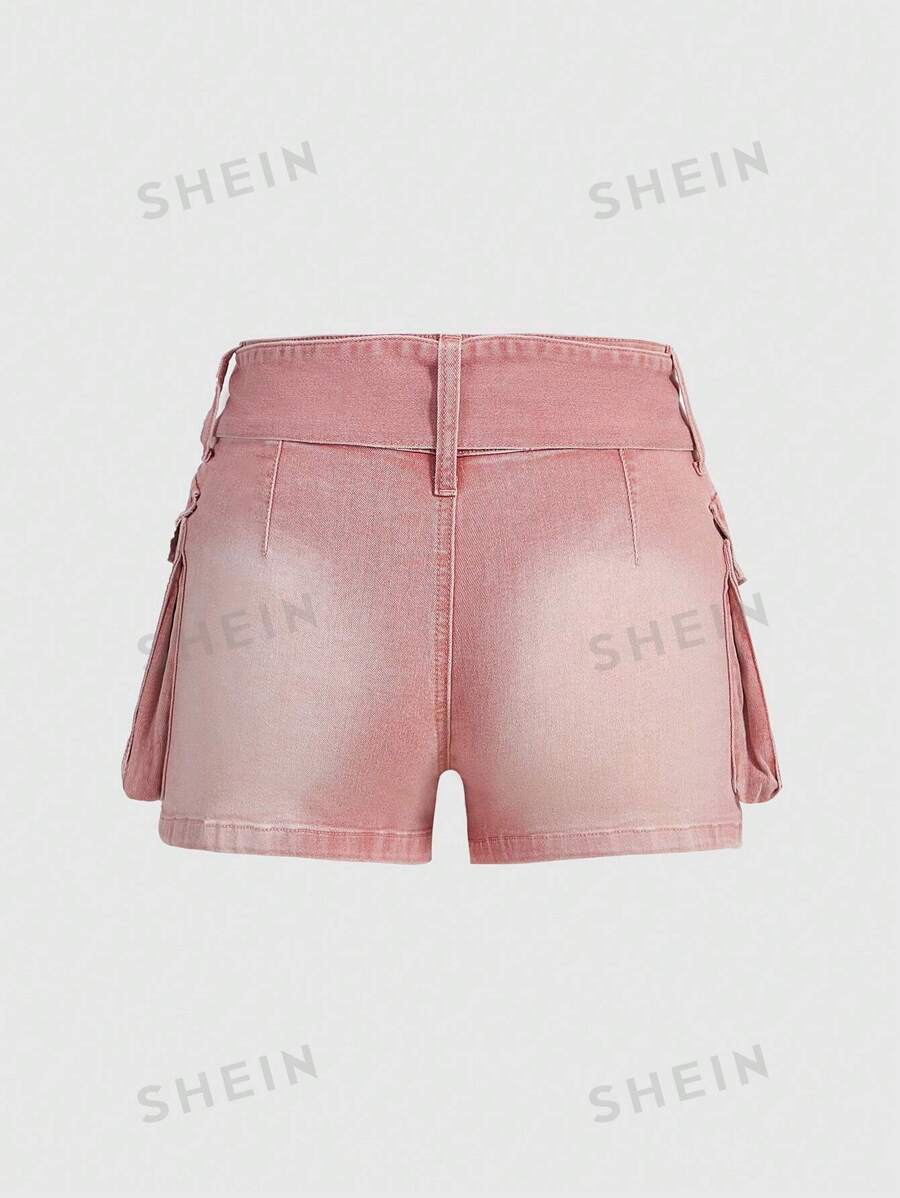ROMWE Grunge Punk Minishorts de mezclilla rosa de estilo americano lavados con agua y desgastados con bolsillos para mujeres vintage