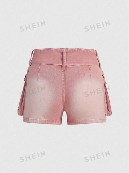 ROMWE Grunge Punk Minishorts de mezclilla rosa de estilo americano lavados con agua y desgastados con bolsillos para mujeres vintage