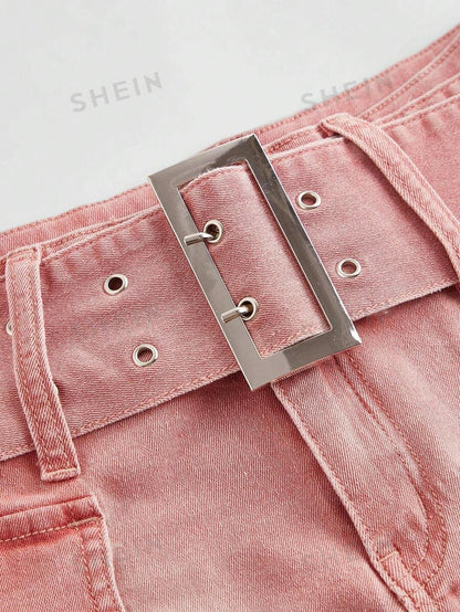 ROMWE Grunge Punk Minishorts de mezclilla rosa de estilo americano lavados con agua y desgastados con bolsillos para mujeres vintage