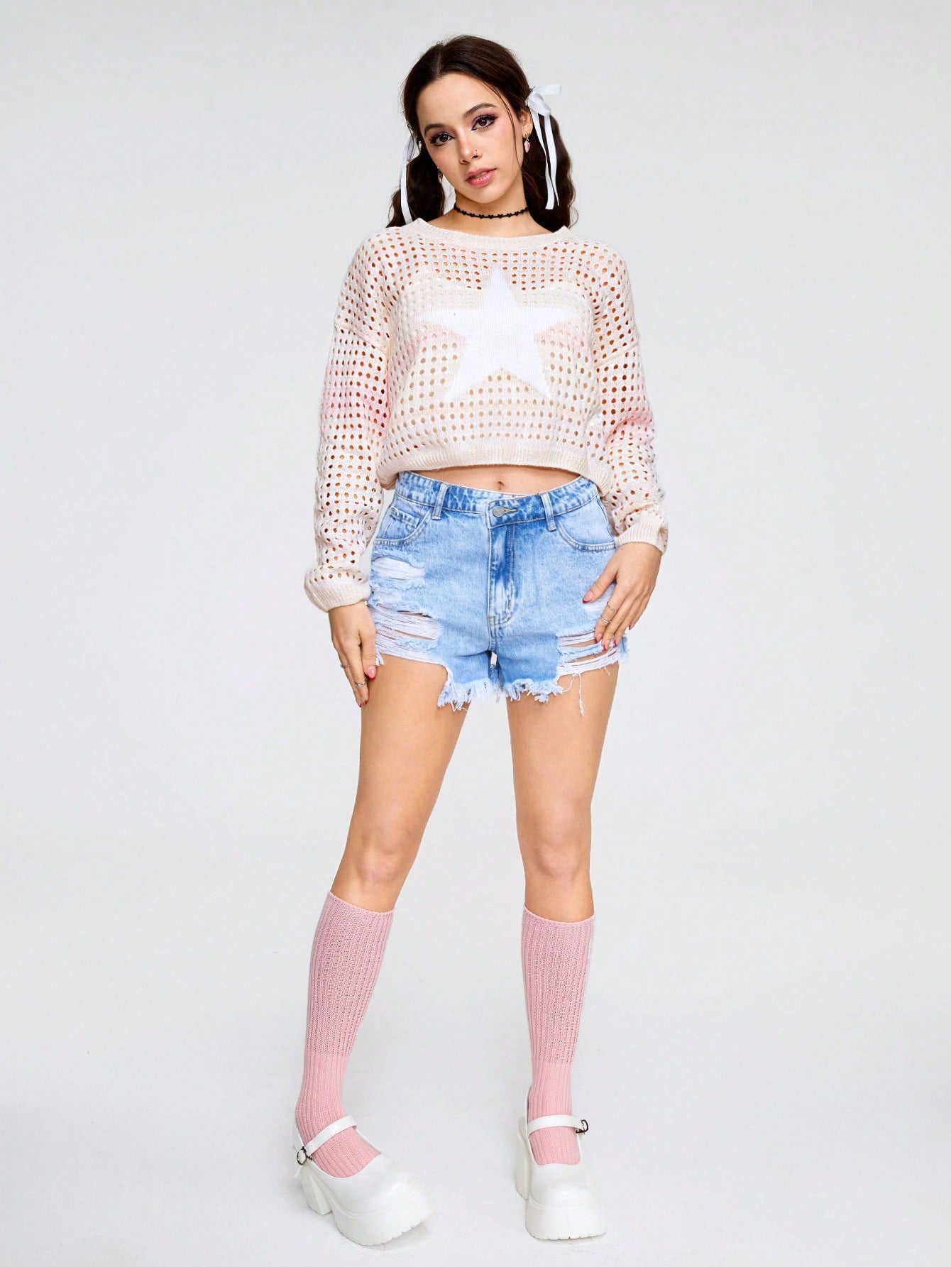 ROMWE Kawaii Jersey De Manga Larga Con Cuello Redondo Para Mujer Con Patrón De Estrella De Degradado De Color Y Estilo Hueco