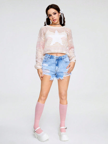 ROMWE Kawaii Jersey De Manga Larga Con Cuello Redondo Para Mujer Con Patrón De Estrella De Degradado De Color Y Estilo Hueco