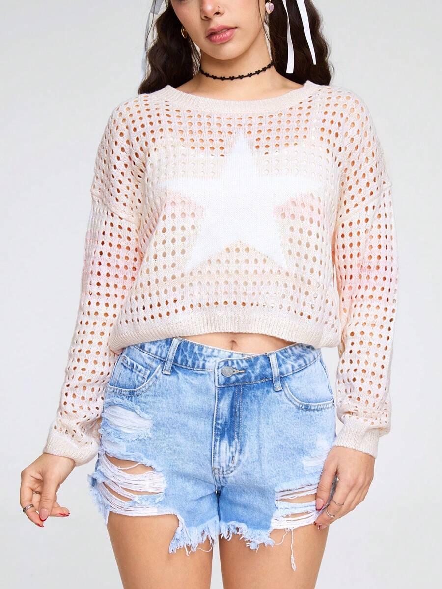 ROMWE Kawaii Jersey De Manga Larga Con Cuello Redondo Para Mujer Con Patrón De Estrella De Degradado De Color Y Estilo Hueco